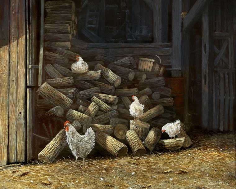 Chickens on Woodpile